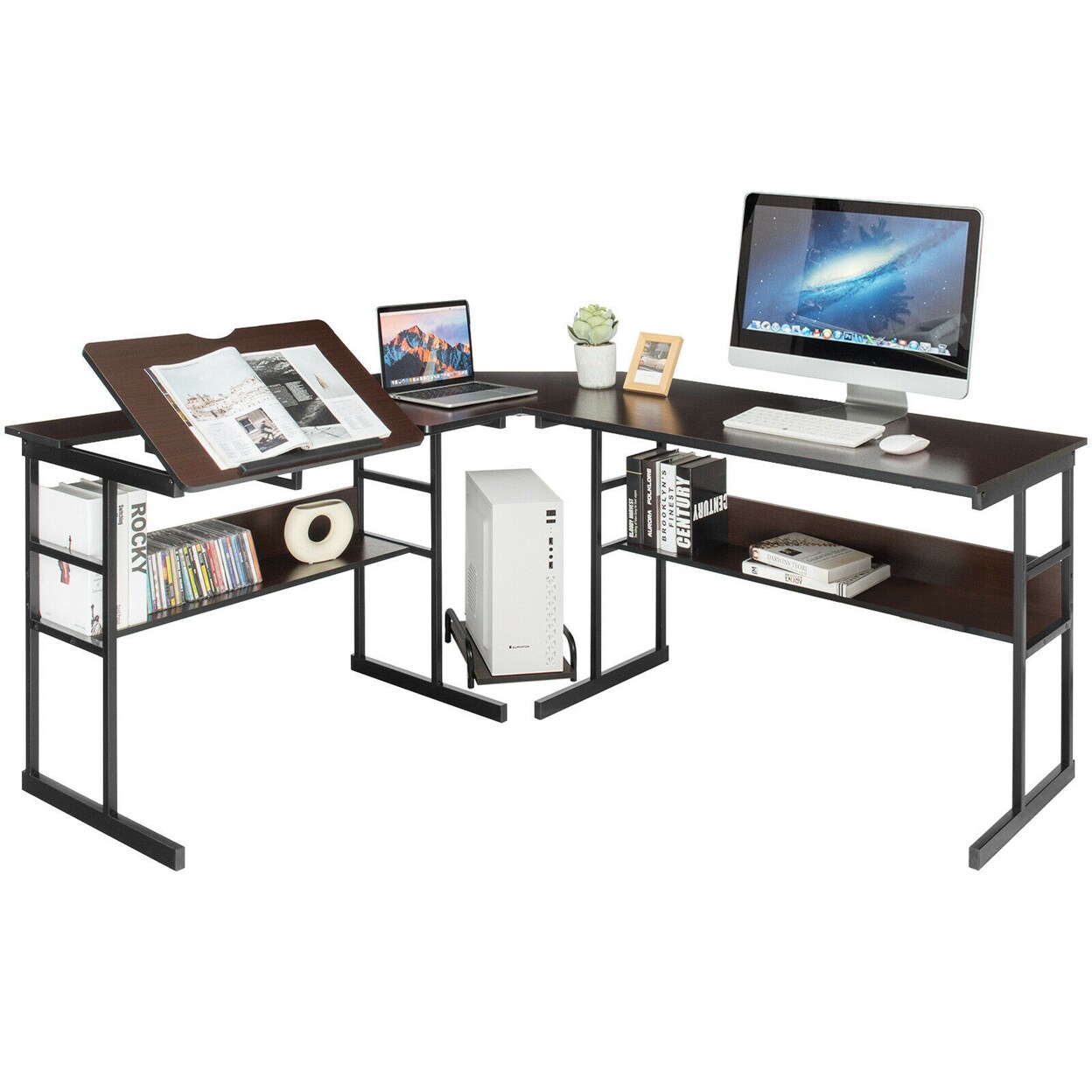 L-Shaped Computer Desk Drafting Table Workstation W/ Tiltable Tabletop