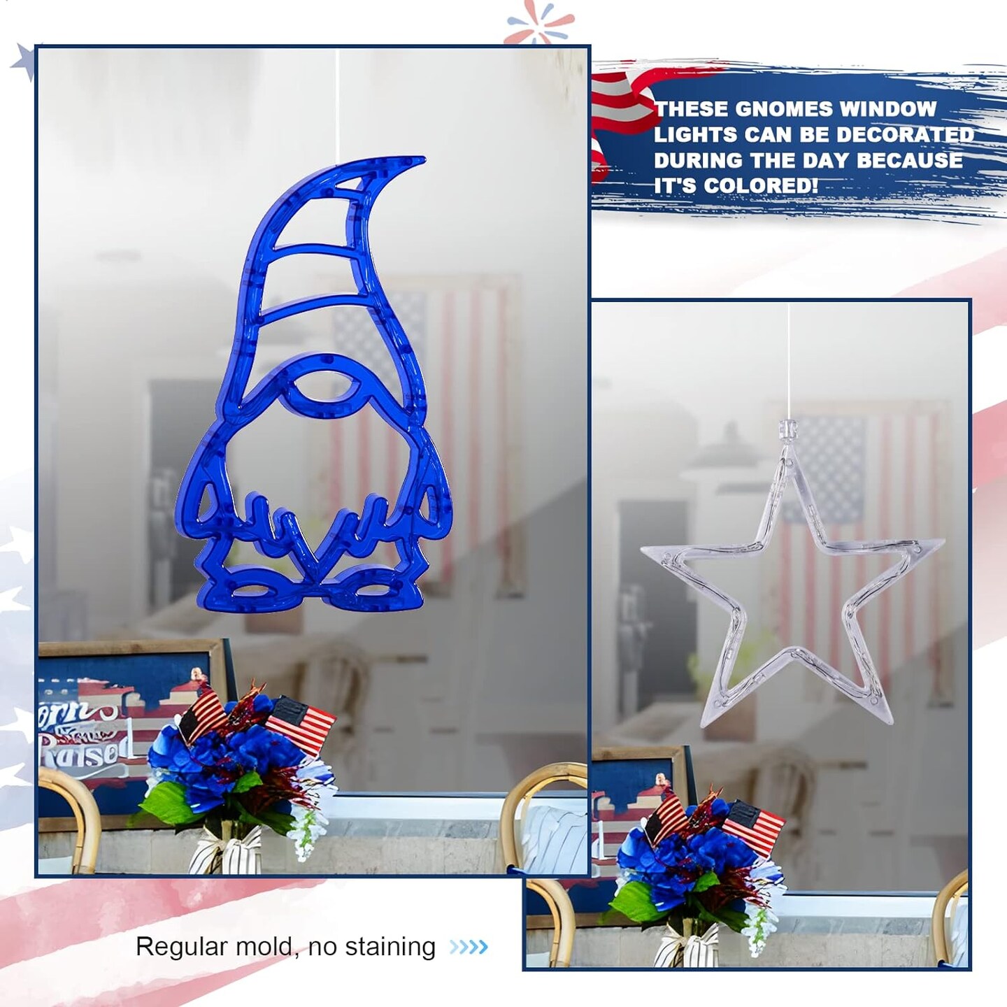 3 pack of battery-powered indoor gnome window lights for the Fourth of July.