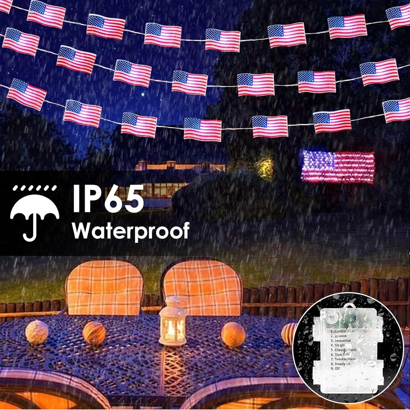 10FT American Flag LED String Lights with Remote, 8 Mode Waterproof Battery Operated Patriotic Fairy Lights for Indoor and Outdoor