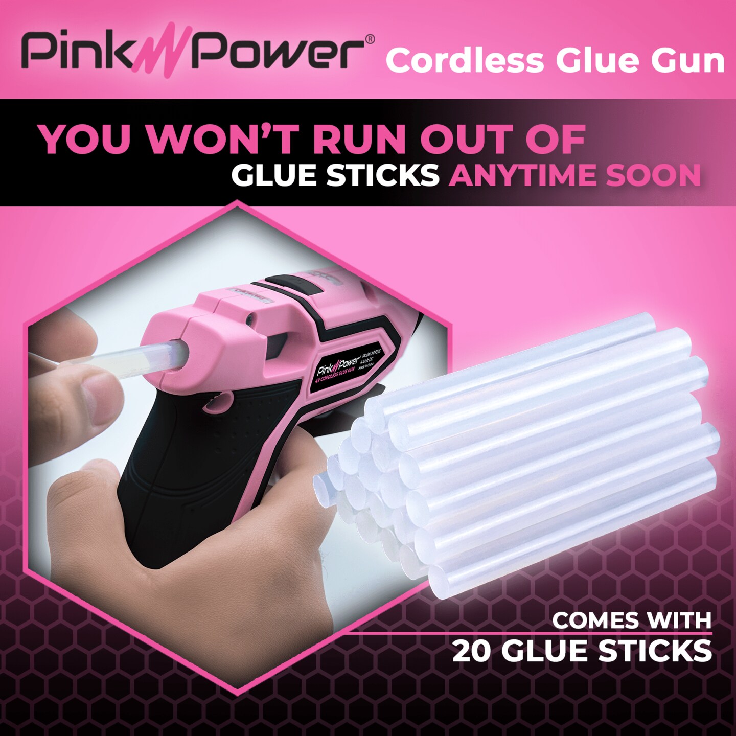 Pink Power Cordless Pink Mini Hot Glue Gun with Stand