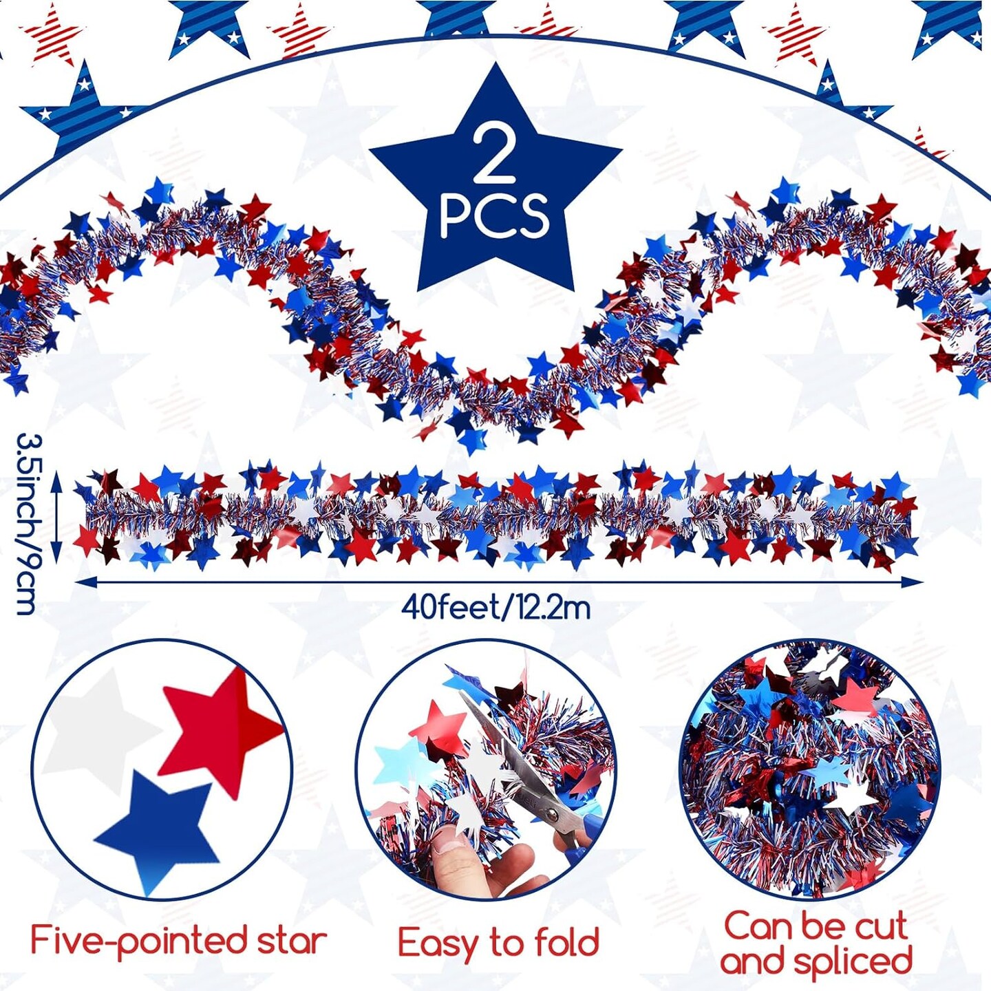 2-Pieces 80 Ft Patriotic Star Tinsel Garland