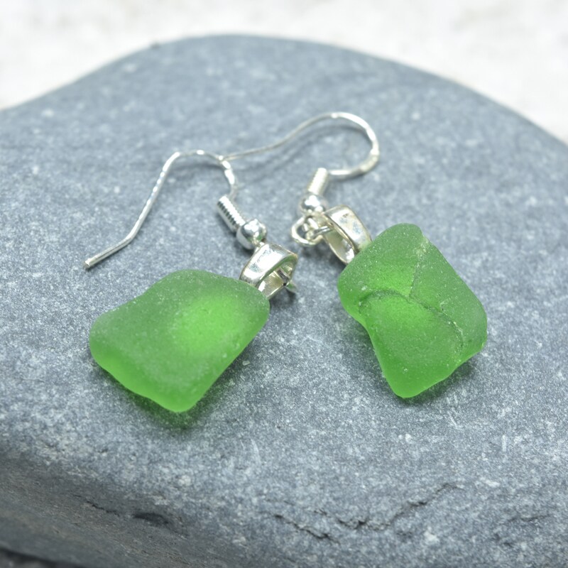 Pair of Genuine Surf Tumbled Dangling  Green Sea Glass Earrings - (1 Set) - Made to Order product 3