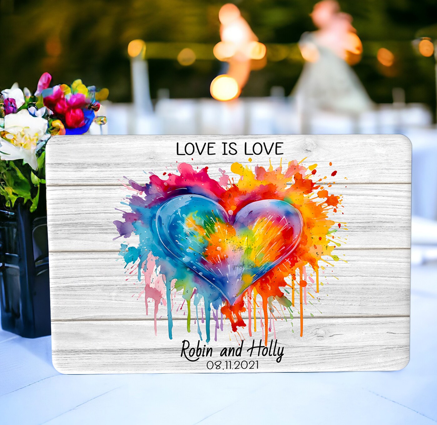 Custom Rainbow Heart Paint Splatter Name Sign | LGBTQ Wedding Gift