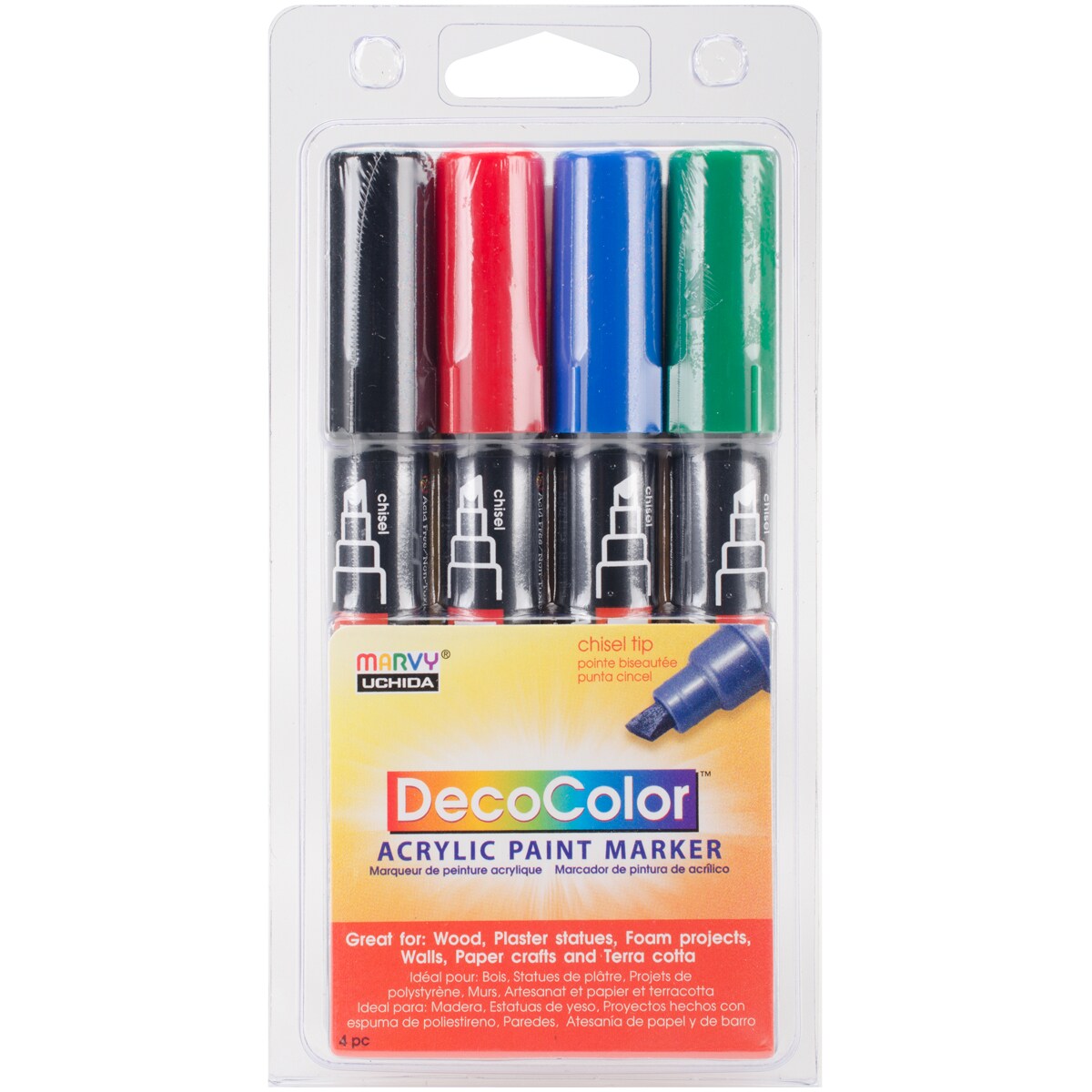 Decocolor Chisel Acrylic Paint Markers 4/Pkg-Black, Red, Blue & Green ...