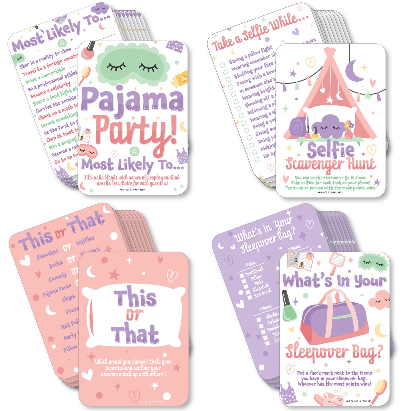 Big Dot of Happiness Pajama Slumber Party - 4 Girls Sleepover Birthday Party Games - 10 Cards Each - Gamerific Bundle