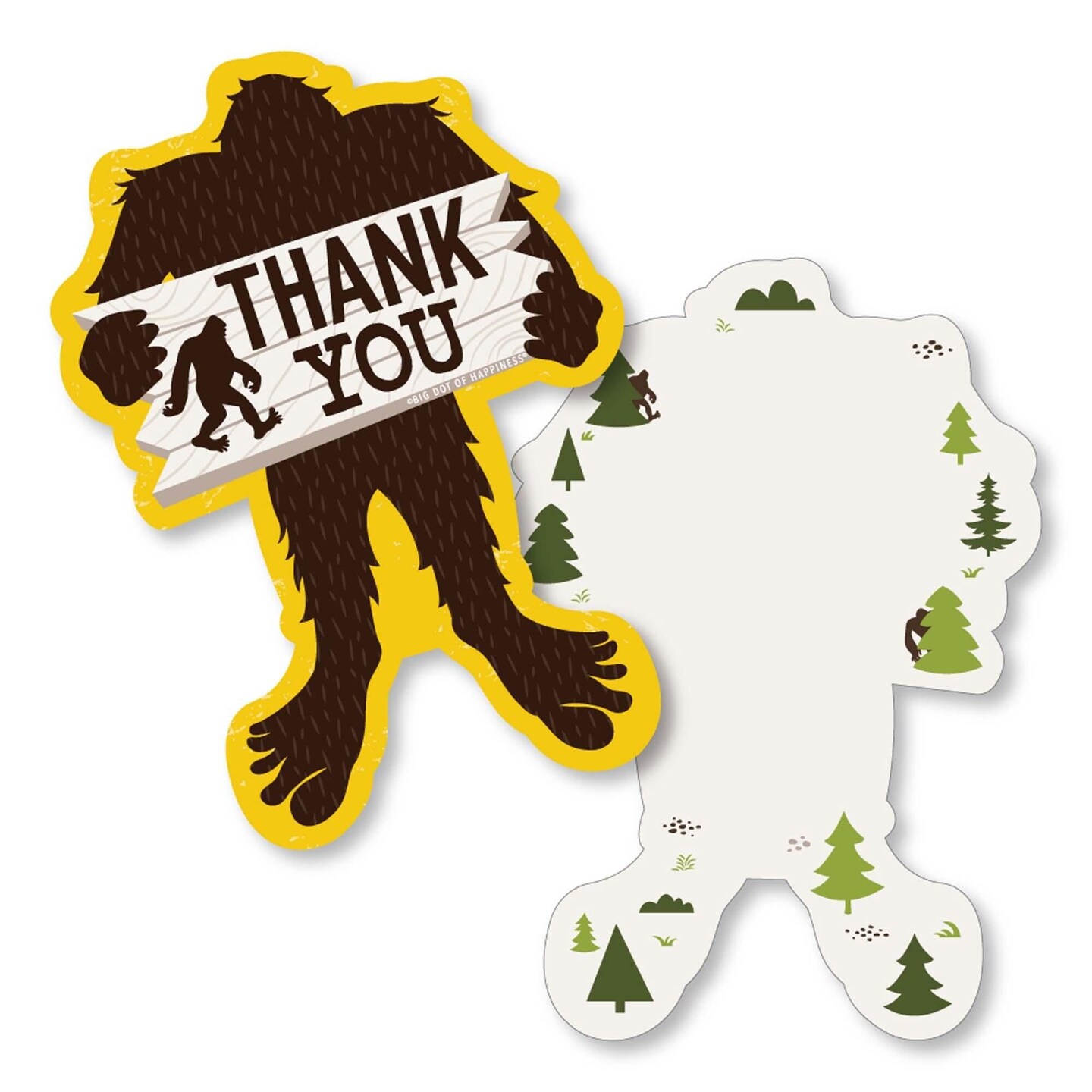 Big Dot of Happiness Sasquatch Crossing - Shaped Thank You Cards - Bigfoot Party or Birthday Party Thank You Note Cards with Envelopes - Set of 12