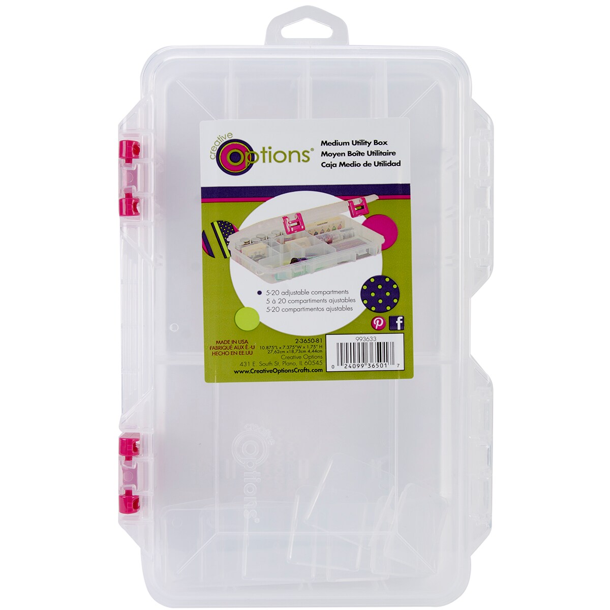 Creative Options Pro Latch Utility Box 6-20 Compartments-10.875"X7.25"X1.625" Clear W/Magenta