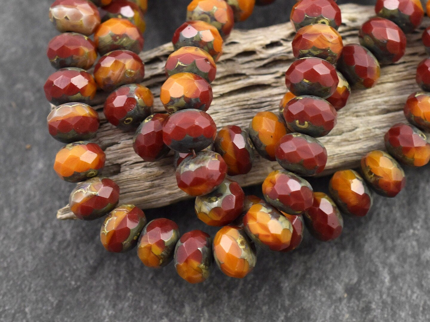 *25* 6x8mm Blended Red &#x26; Orange Opaline Picasso Fire Polished Rondelle Beads