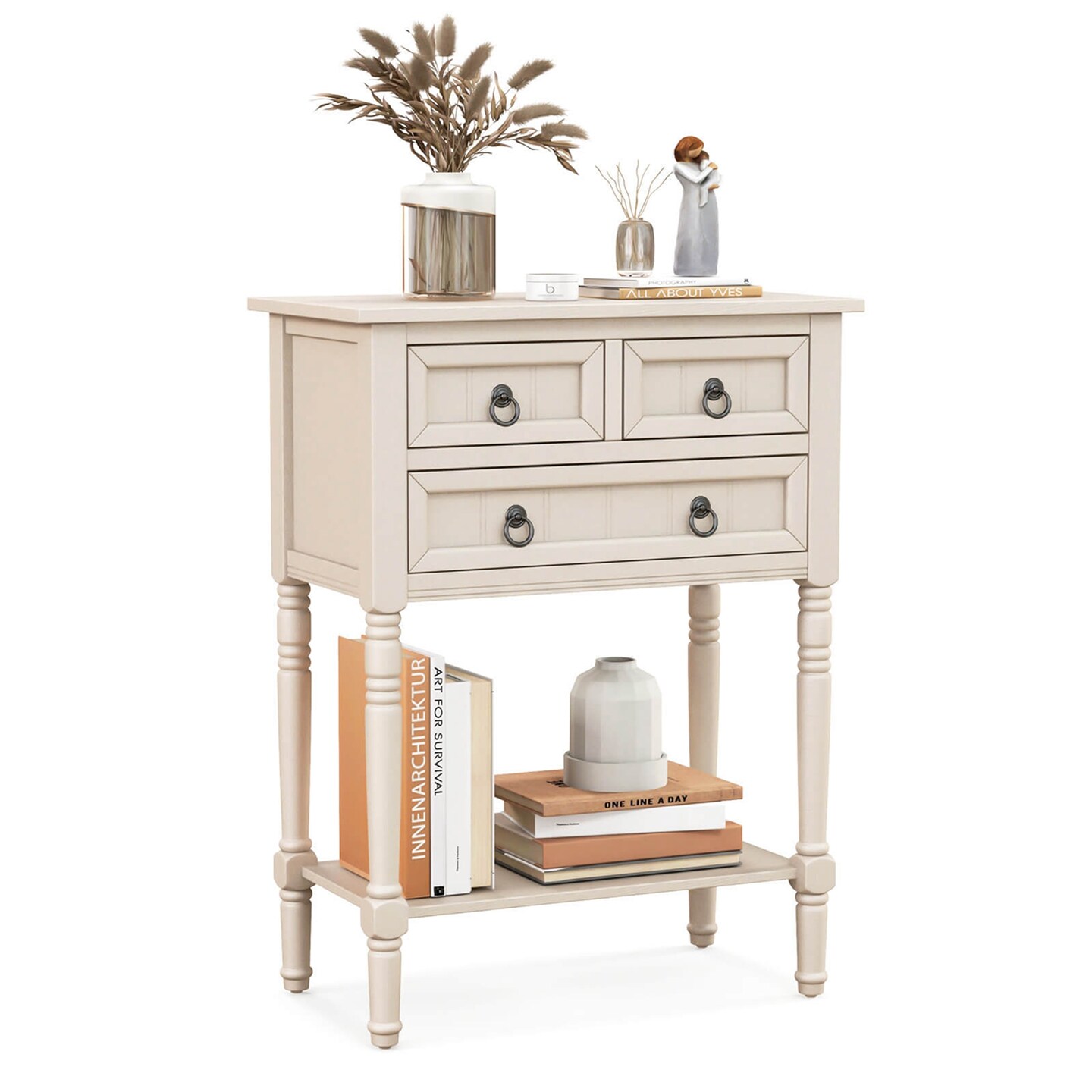 Costway Console Entryway Table with 3 Drawers Open Shelf for Hallway Living Room Beige