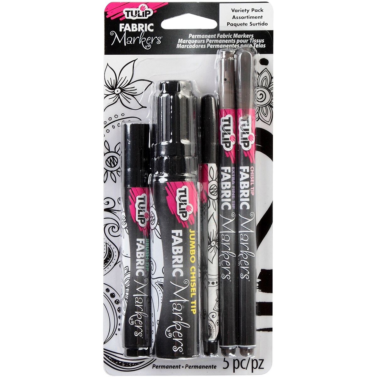 Tulip Fabric Markers Variety Pack 5/Pkg-Black Assorted Tips