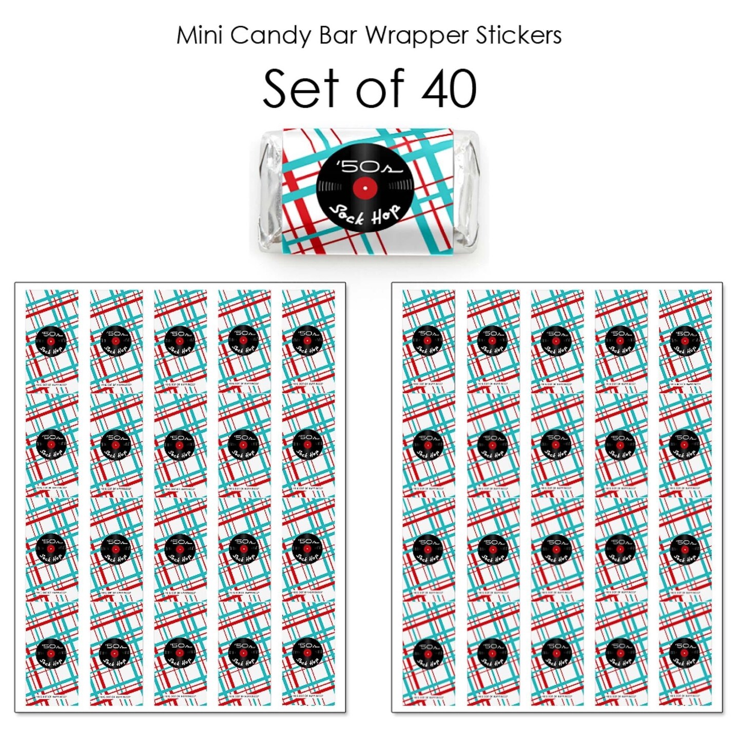 Big Dot of Happiness 50&#x27;s Sock Hop - Mini Candy Bar Wrapper Stickers - 1950s Rock N Roll Party Small Favors - 40 Count