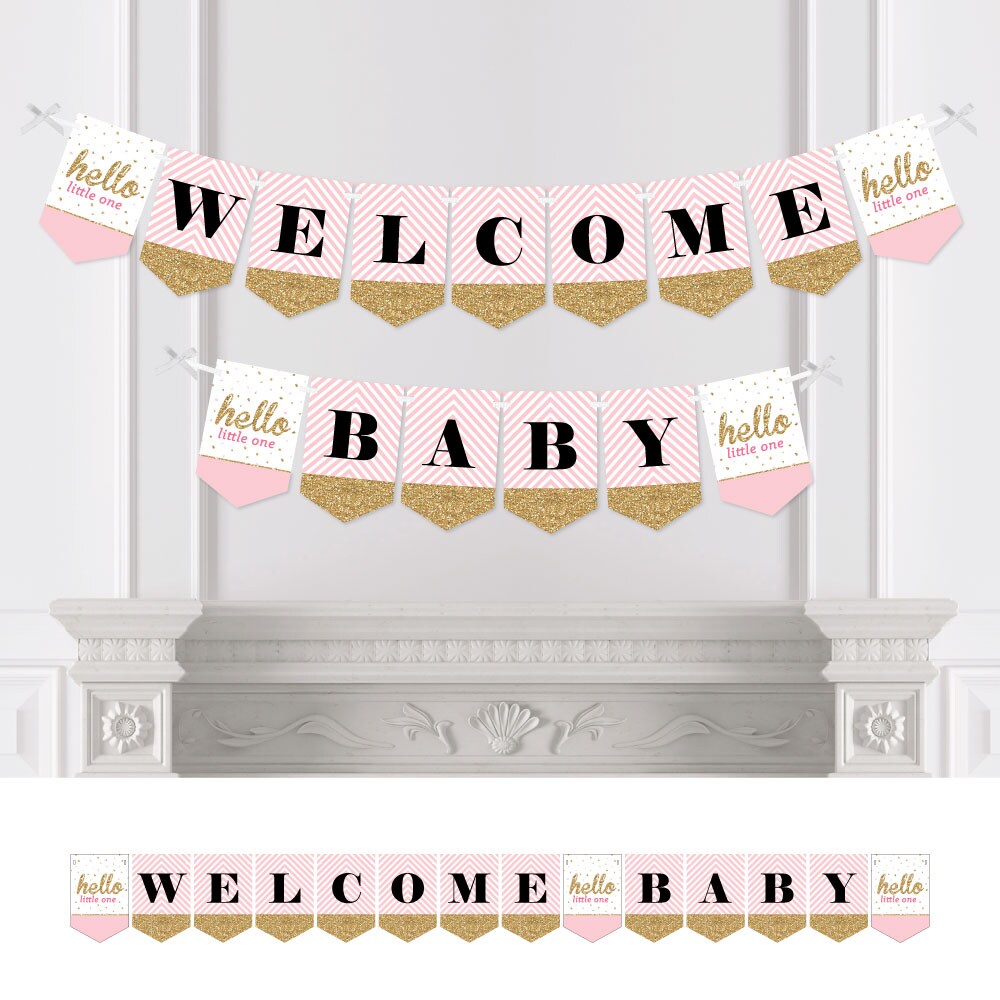 Big Dot of Happiness Hello Little One - Pink and Gold - Baby Shower Bunting Banner - Girl Party Decorations - Welcome Baby