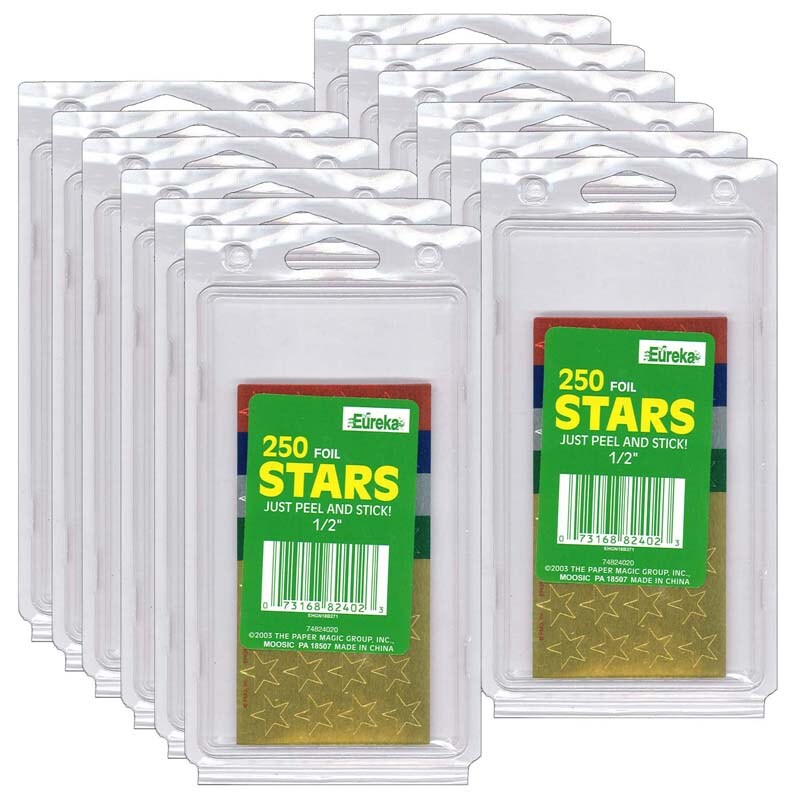 Presto-Stick Foil Star Stickers, 1/2&#x22;, Assorted Colors, 250 Per Pack, 12 Packs