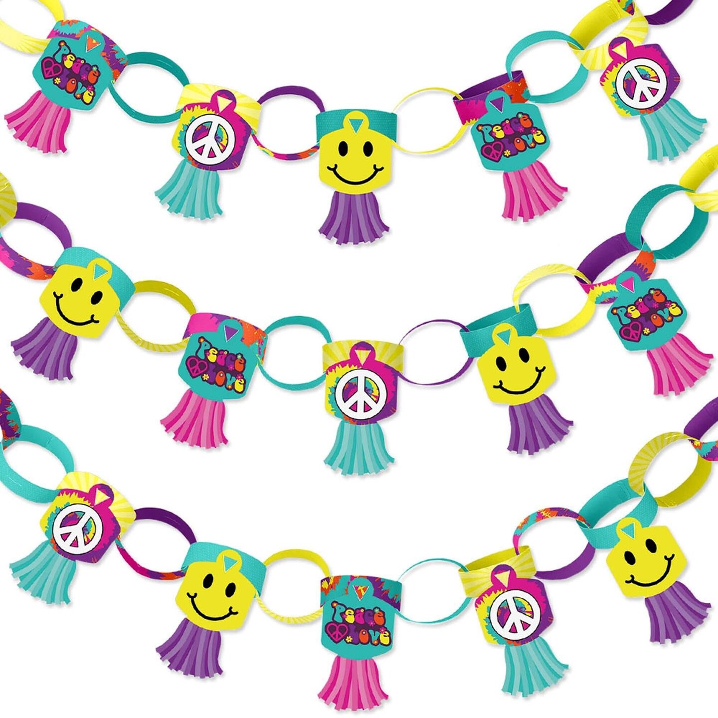 Big Dot of Happiness 60&#x27;s Hippie - 90 Chain Links and 30 Paper Tassels Decoration Kit - 1960s Groovy Party Paper Chains Garland - 21 feet