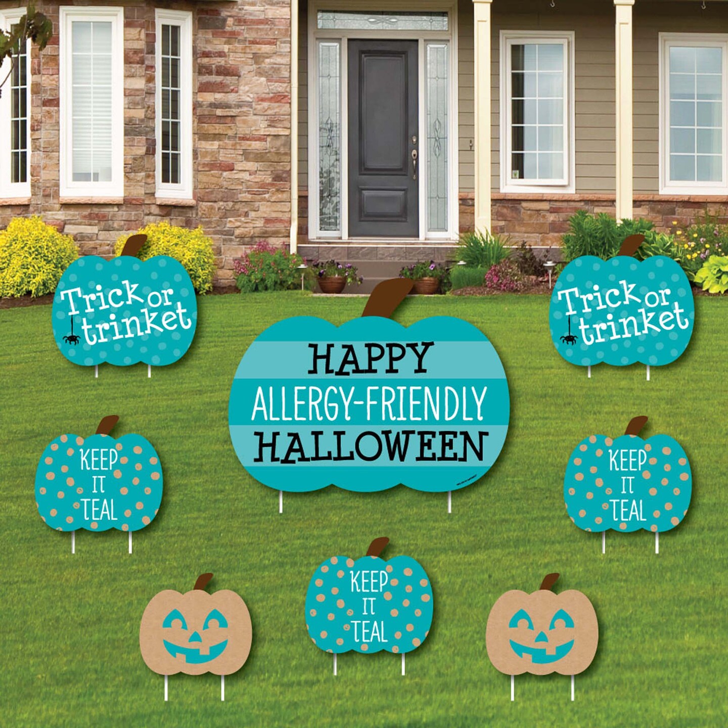 Big Dot of Happiness Teal Pumpkin - Yard Sign and Outdoor Lawn Decorations - Halloween Allergy Friendly Trick or Trinket Yard Signs - Set of 8