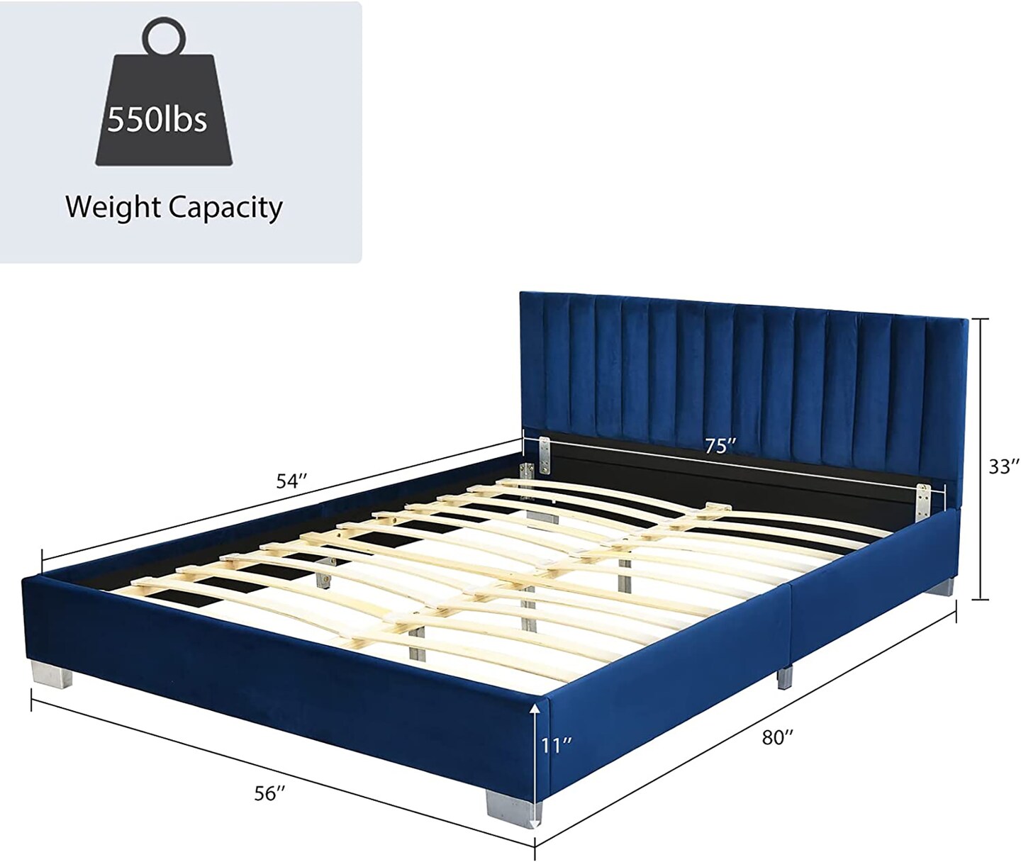Costway Upholstered Bed Frame Full Size Modern Platform Bed with Vertical Channel Headboard No Box Spring Needed Navy/Grey