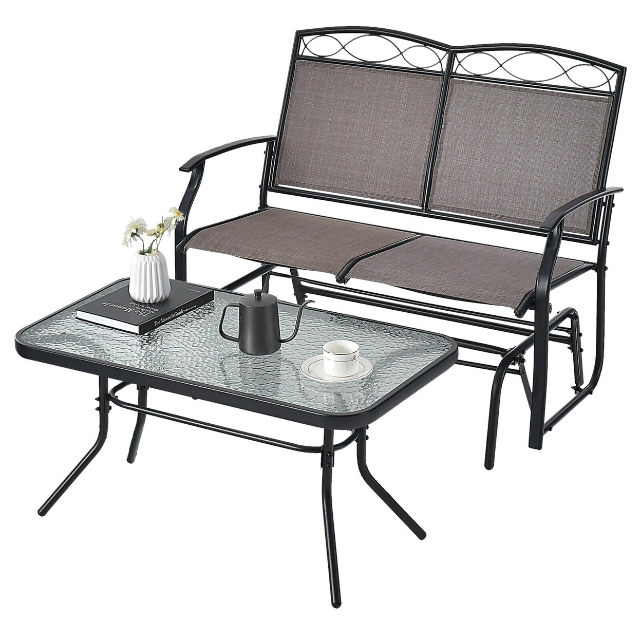 2 Pcs Patio Glider Conversation Set Outdoor Loveseat Glider Chair W/ Tempered Glass Coffee Table