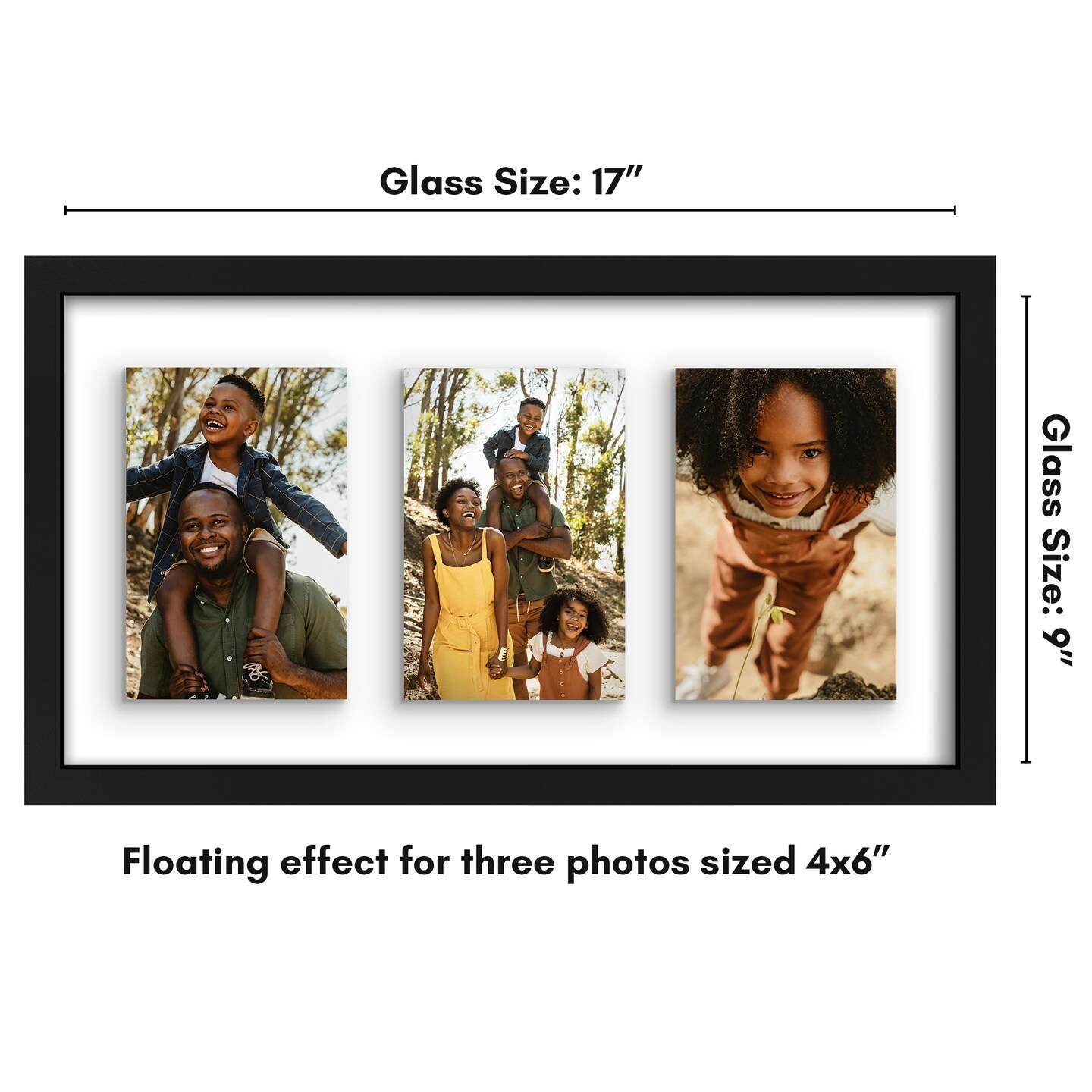 Americanflat Floating Collage Frame - Displays Three Photos with Floating Effect - Shatter Resistant Glass - Hanging Hardware for Horizontal or Verticle Display