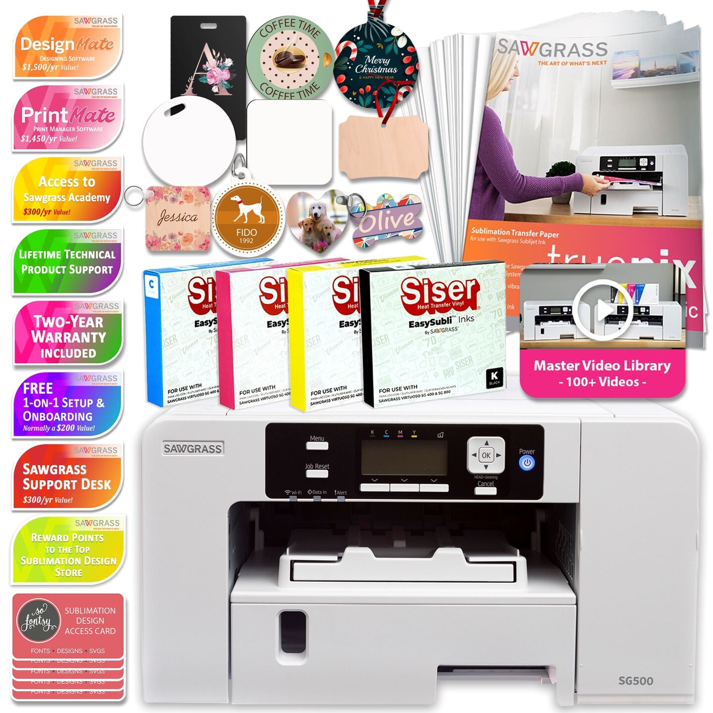 Sawgrass Virtuoso SG500 Sublimation Printer, Ink, Paper, Blanks Bundle