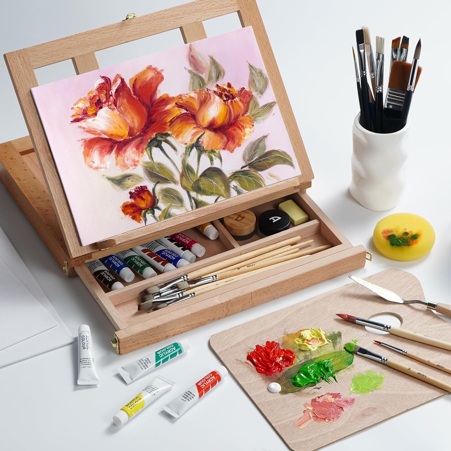 ARTIFY Table Easel Set, Desktop Artist Easel with 12 Colors Acrylic Paints, 13Pcs Brushes, 3 Canvas Panels, 1Pcs Wood Palette and 1Pcs Palette Knives, Gift for Artists, Kids, Adults