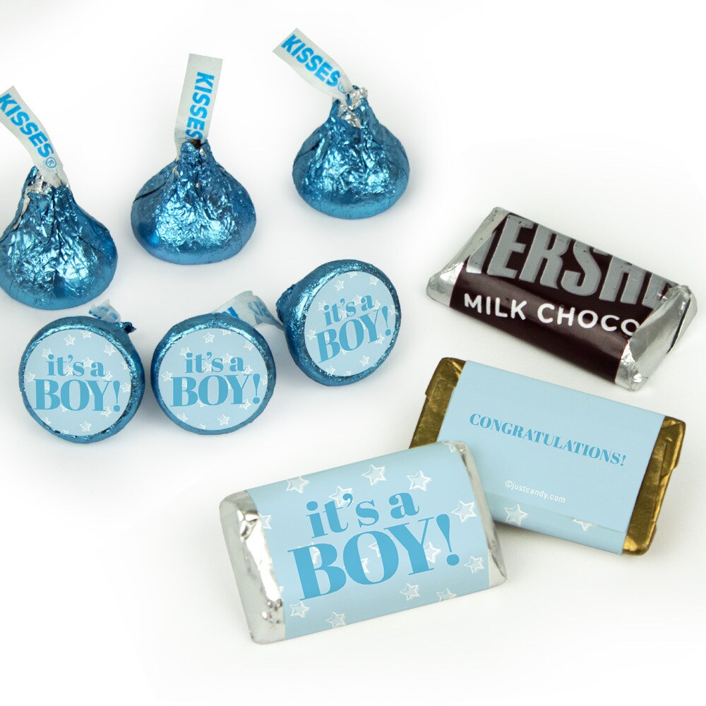 Blue It&#x27;s a Boy Baby Shower Candy Party Favors (Choose 100 Pcs Milk Chocolate Hershey&#x27;s Kisses, 40 Pcs Wrapped Miniatures or Both)
