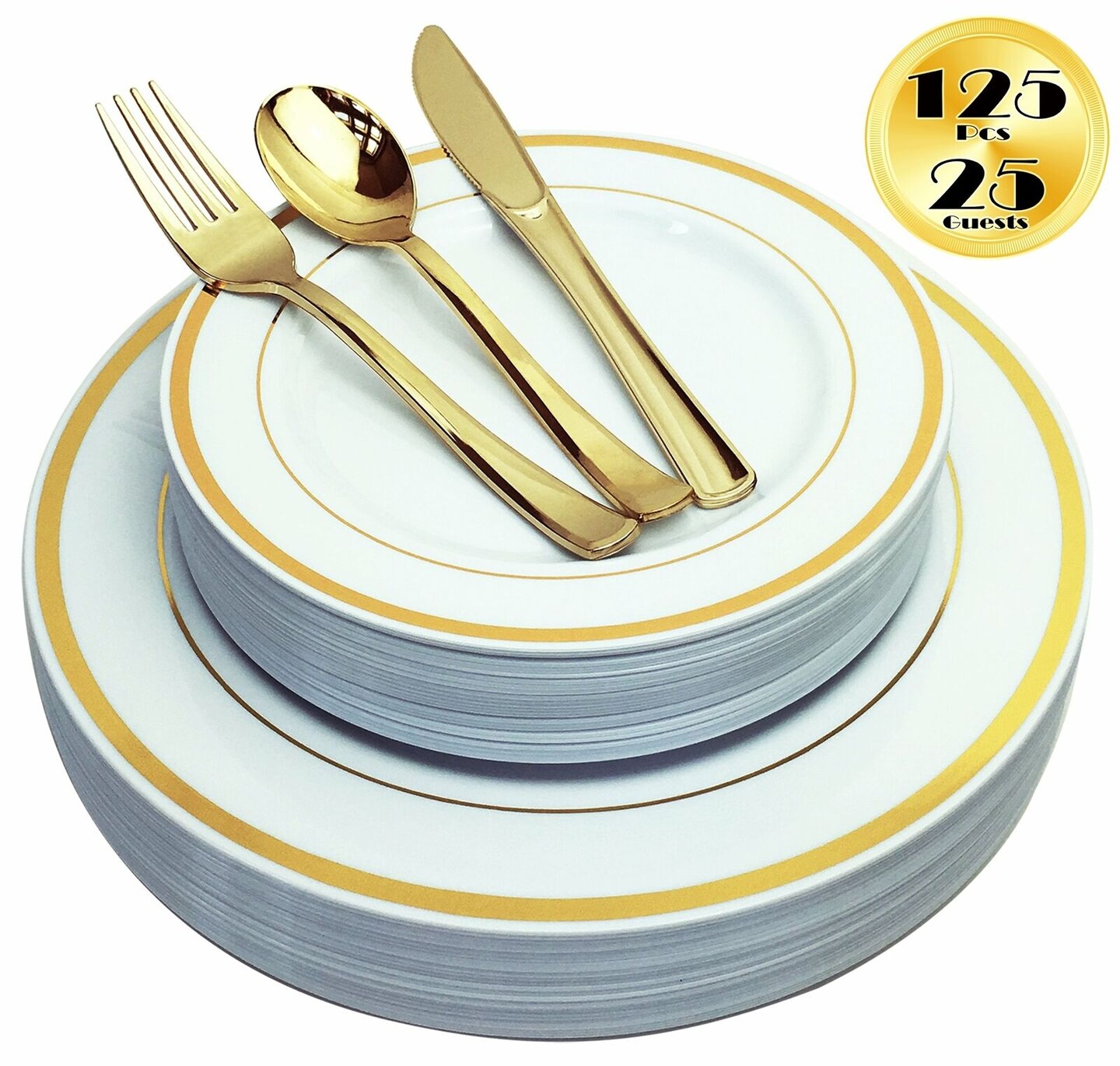 125 PC Heavy Duty Disposable Gold Plastic Plates &#x26; Silverware for Party