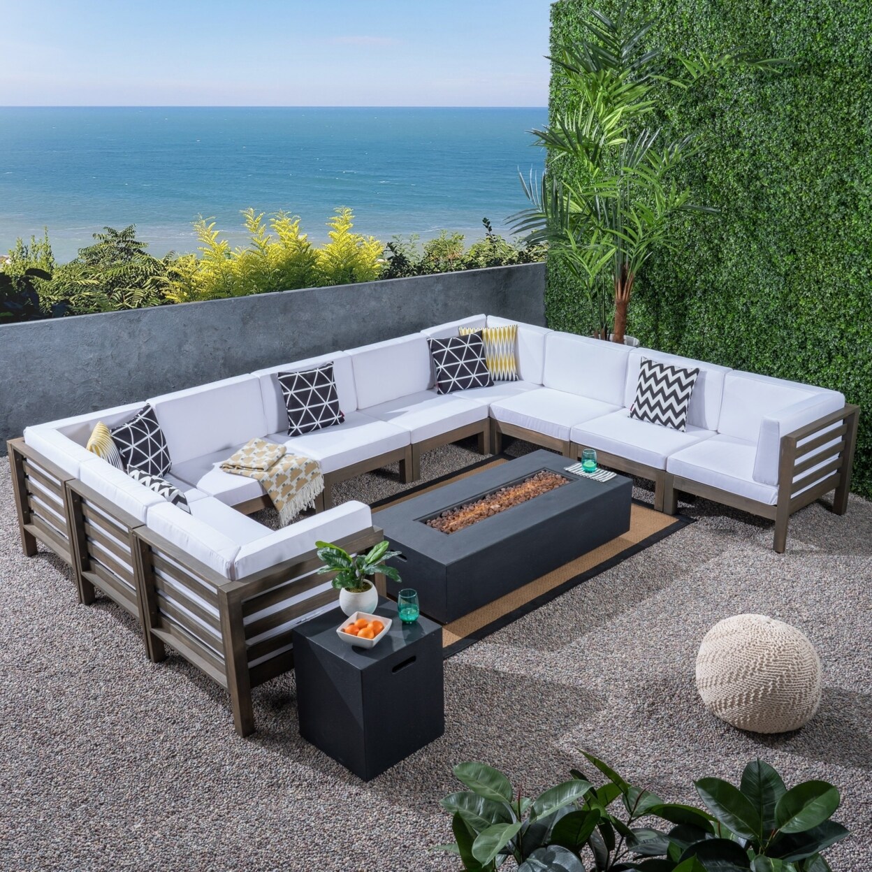 GDF Studio Ravello Outdoor 12 Piece U-Shaped Sectional Sofa Set with Fire Pit