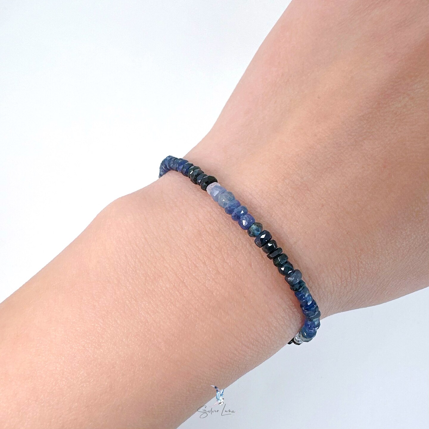 Gradient blue sapphire rondelle beaded bracelet with 925