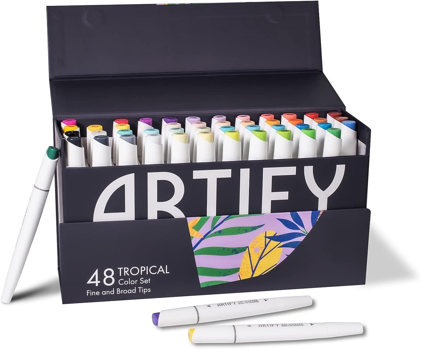 ARTIFY 48 Tropical Colors Art Markers, Fine &#x26; Broad Dual Tips Professional Artist Markers in Case, Drawing Marker Set with Carrying Case