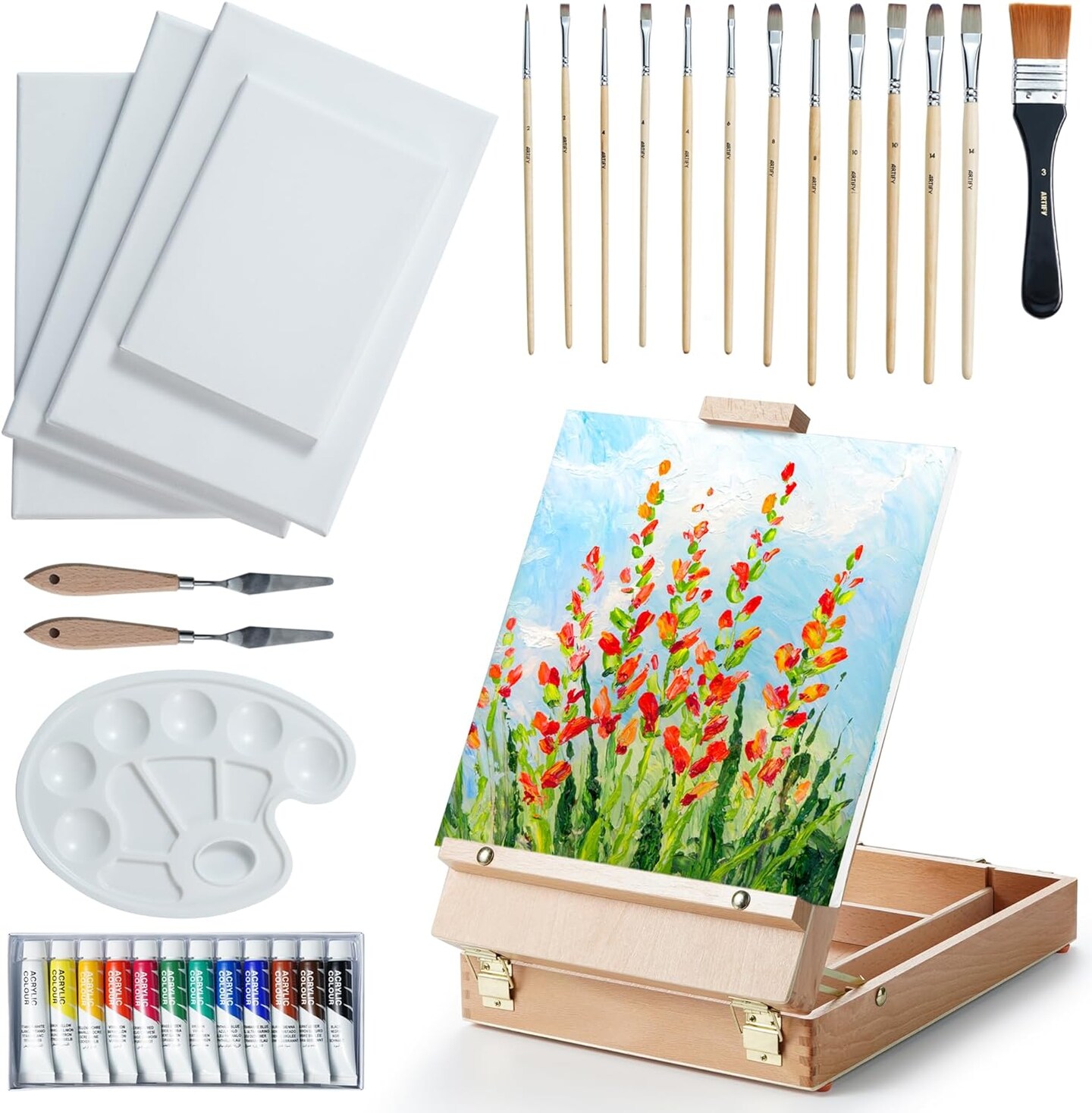 ARTIFY Table Sketch Box Easel Set, Desktop Artist Easel with 12 Colors Acrylic Paints, 13pcs Brushes, 4 Canvas Boards, Plastic Palette and 2 pcs Palette Knives, Gift for Artists, Kids, Adults