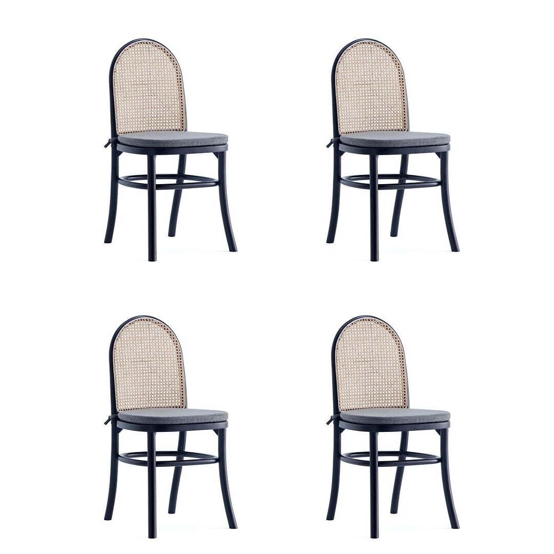 Manhattan Comfort Paragon Dining Chair 1.0 with Grey Cushions in Black and Cane - Set of 4
