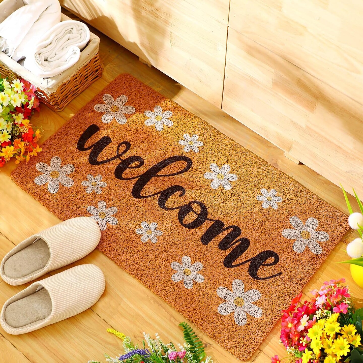 Spring Floral Welcome: Doormat and Wreath Set for a Cheerful Home Entrance