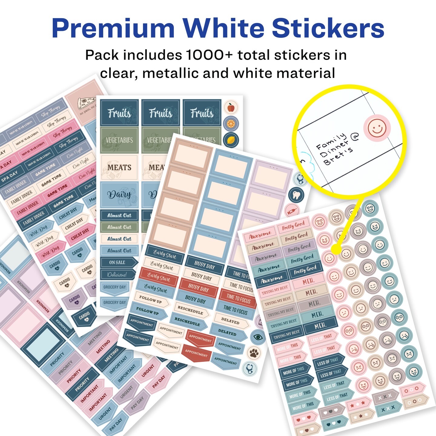 Avery Productivity Planner Sticker Pack with Calendar Stickers, Bullet Journaling Stickers, and Productivity Stickers for To-Dos, Meetings, Budget, and more, 15 Sheets, 1,094 Planner Stickers (6777)
