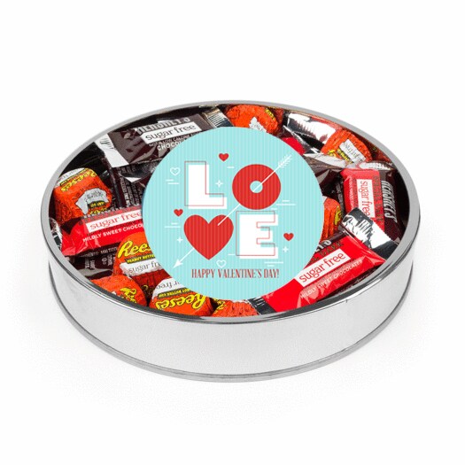Valentine&#x27;s Day Sugar Free Chocolate Gift Tin Large Plastic Tin with Sticker and Hershey&#x27;s Candy &#x26; Reese&#x27;s Mix - Love Arrow