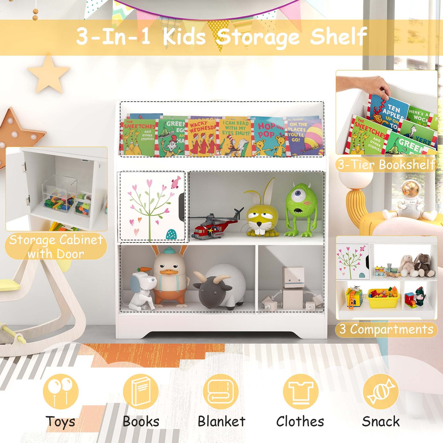 Costway Toy Storage Organizer 3-In-1 Kids Toy Shelf with Book Shelf, Storage Cabinet White/Blue
