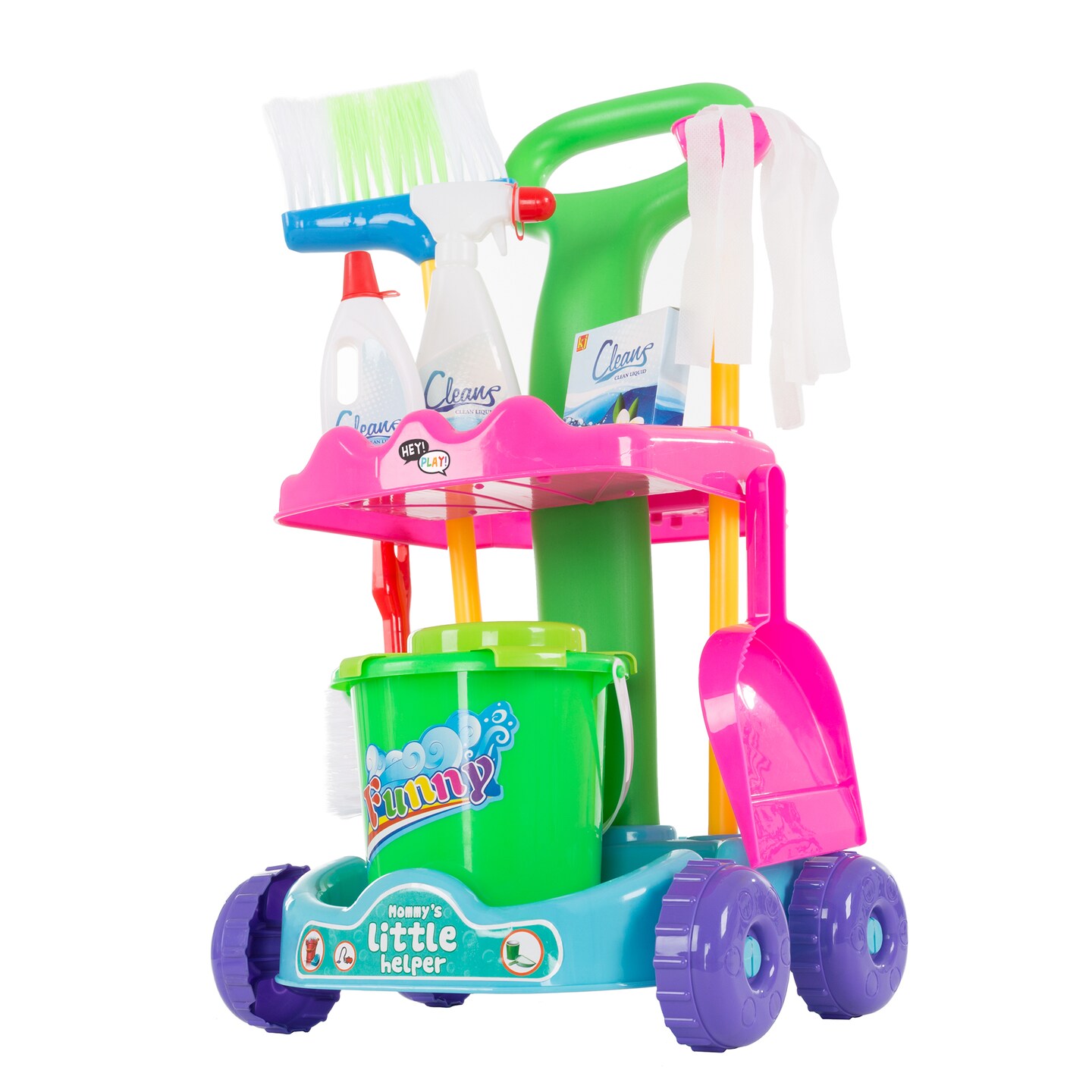 Pretend Play Cleaning Caddy Cart On Wheels With Mop Broom Bucket 9 Accessories