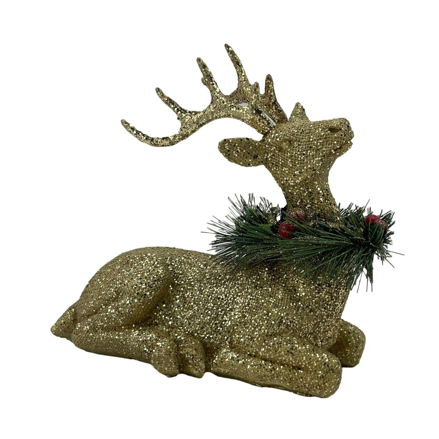 Galt International Sitting Glitter Deer Christmas Figurine - 9&#x22; - Gold and Green