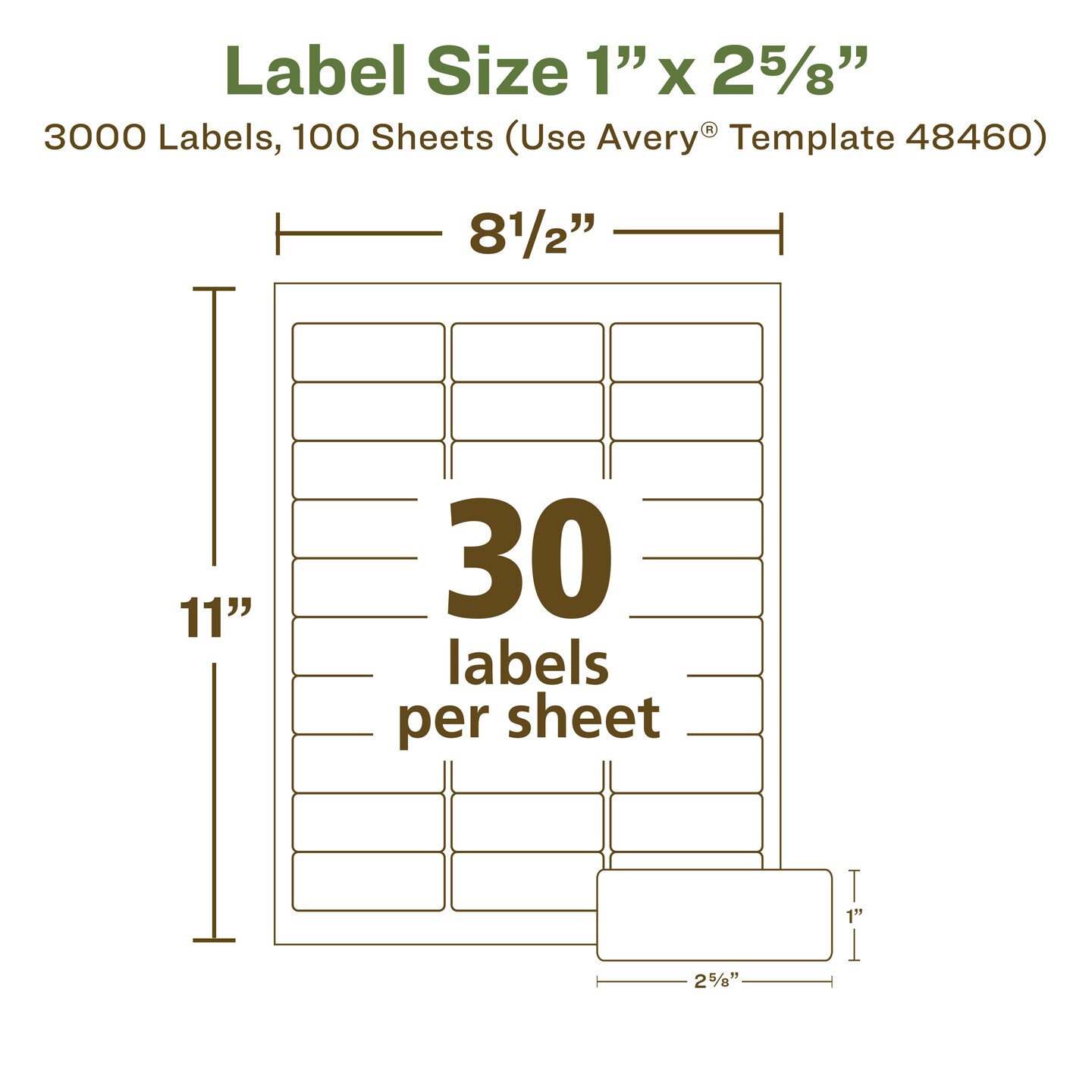 Avery EcoFriendly Recycled Address Labels, 1&#x22; x 2-5/8&#x22;, White, Permanent Label Adhesive, 3,000 Printable Labels (48460)