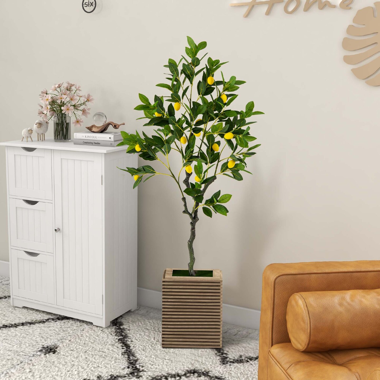Costway 1/2 PCS 4 FT Tall Artificial Lemon Tree with Lemon Fruits, Cement Pot for Porch, Office