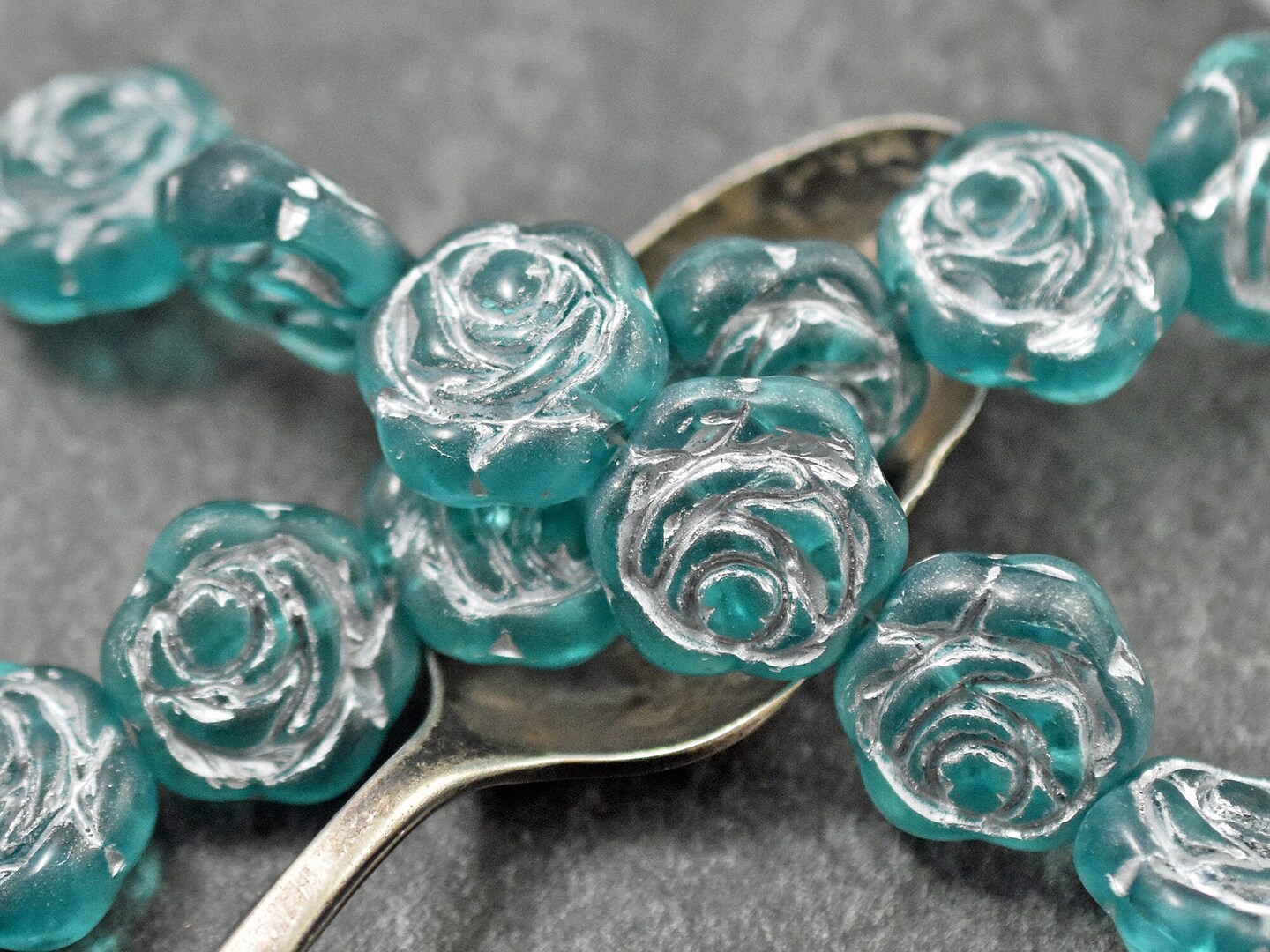*6* 16mm Silver Washed Green Aqua Rose Flower Coin Beads
