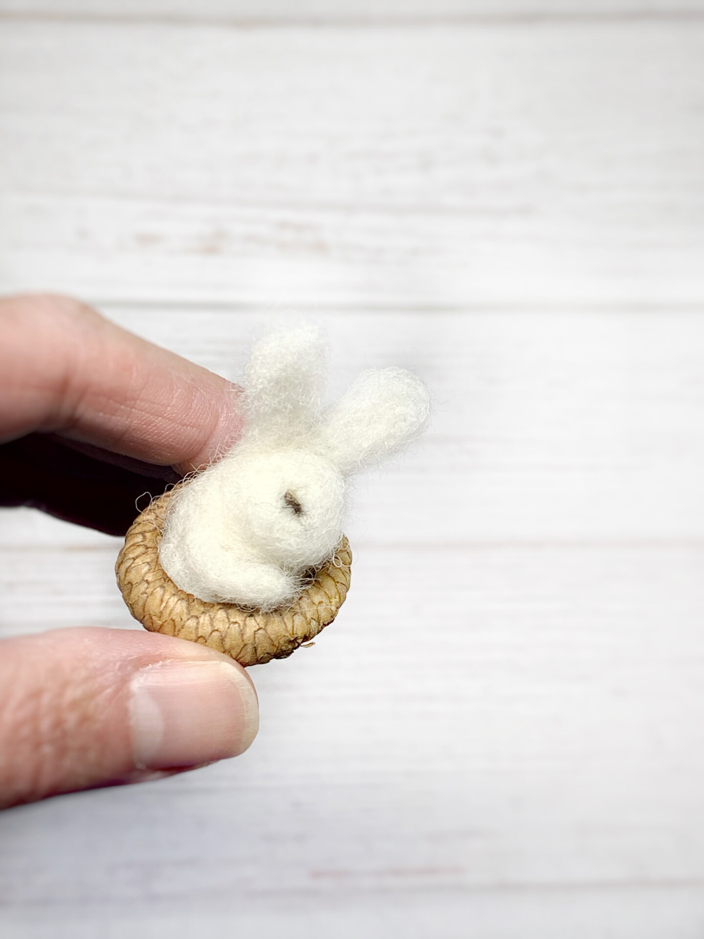 Bunny Ornament, Needle Felted Bunny in Acorn Cap, Holiday Ornament