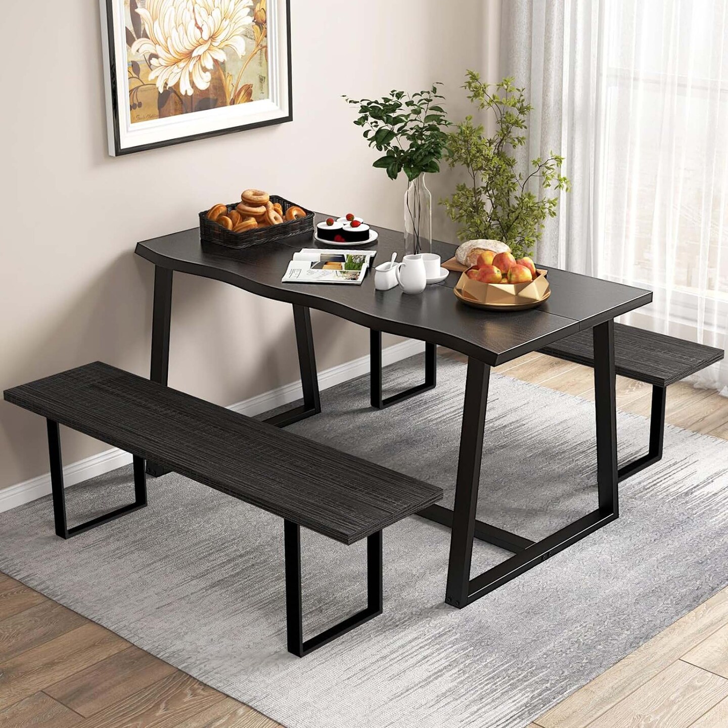 Costway 63&#x22; Large Dining Table for 4-6 People with Wavy Edge Heavy-duty Metal Frame Coffee/Black