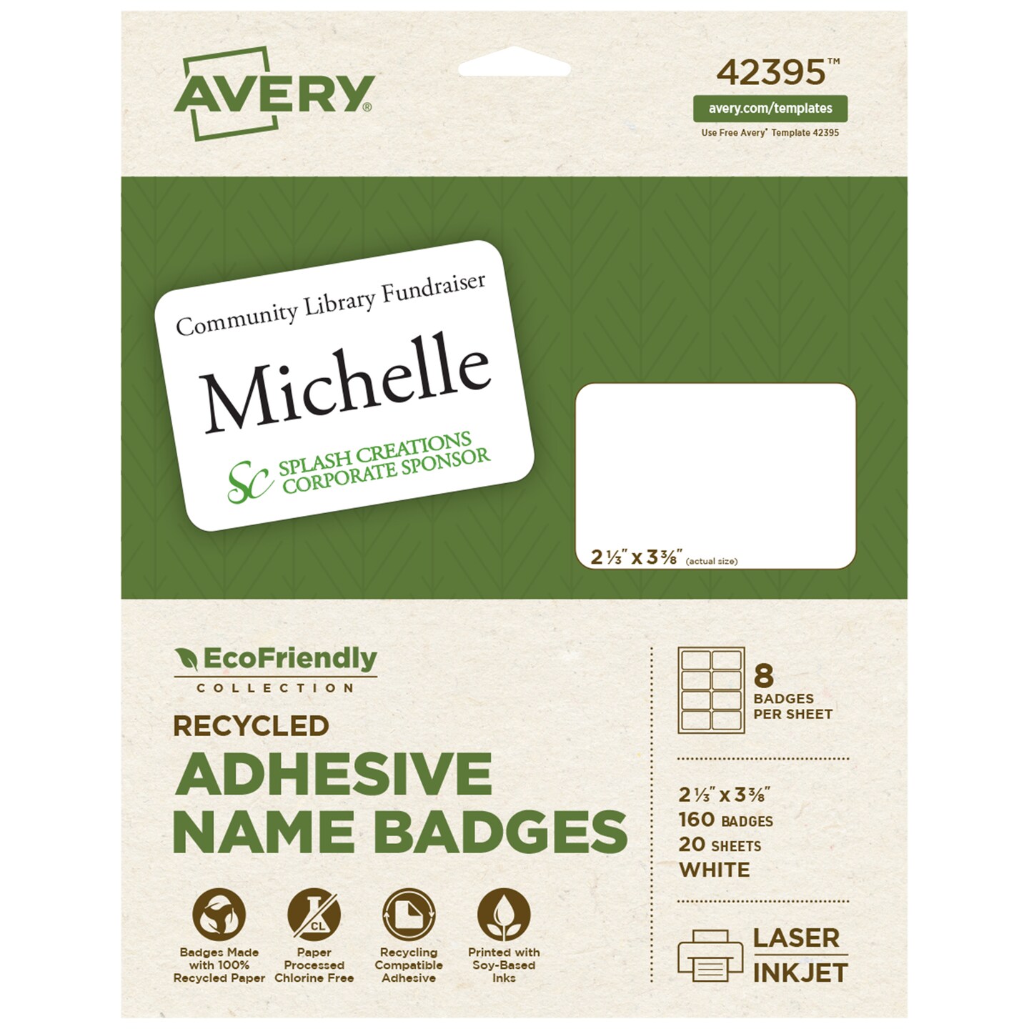 Avery EcoFriendly Recycled Name Tags, 2-1/3&#x22; x 3-3/8&#x22;, White, Removable Adhesive, 160 Printable Name Badges (42395)