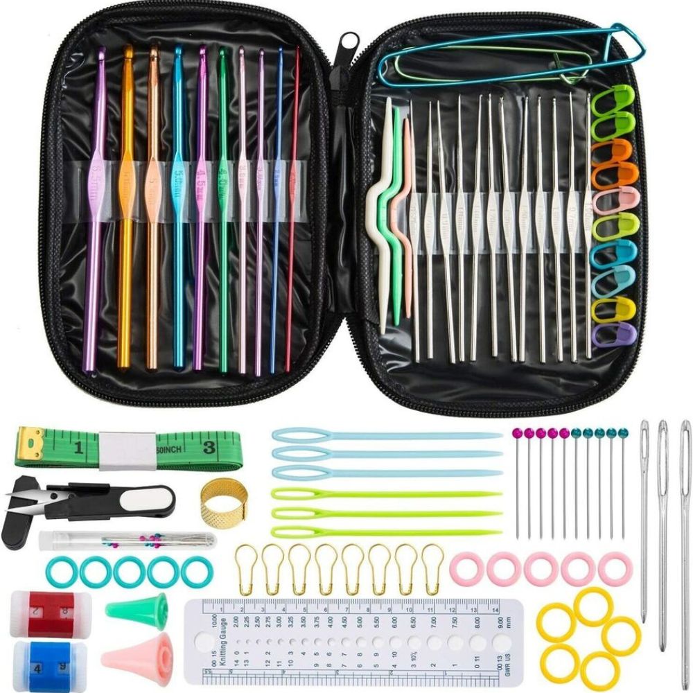 100-Piece Full Set Aluminum Crochet Hooks Needles - Multi-Color Craft Yarn Kit