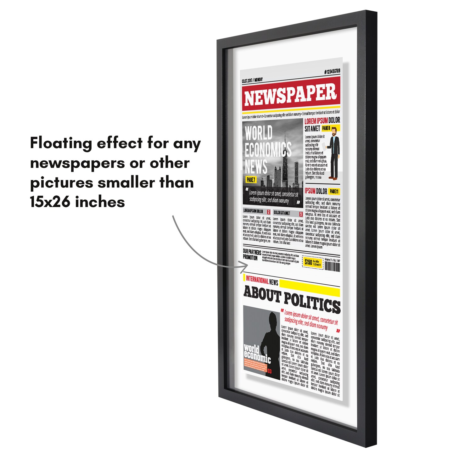 Americanflat 15x26 Floating Newspaper Frame - Ideal for Showcasing Newspaper Front Page - Easy Open Buttons for Loading Photos - Shatter Resistant Glass- Hanging Hardware - Black