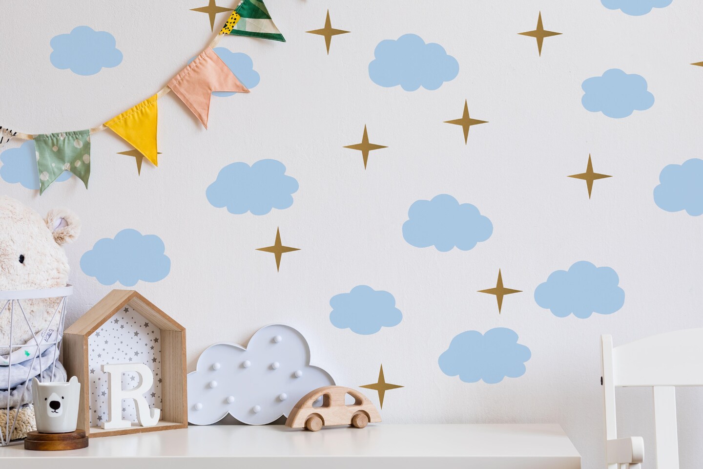 Puffy Cloud Wall Decals, Atomic Stars Decal, Peel and Stick Clouds