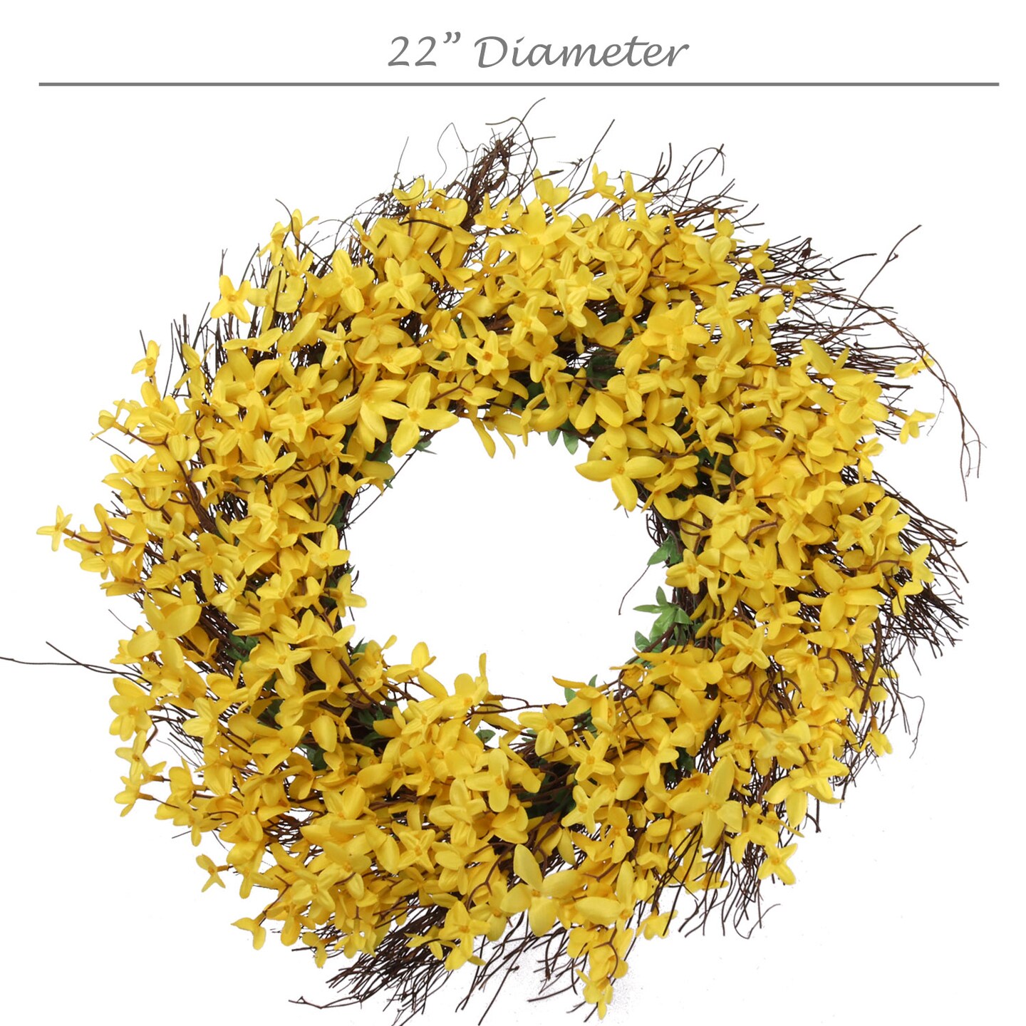 22" Sunny Yellow Forsythia Wreath with Grapevine Ring, Floral Home by Artificial Flowers