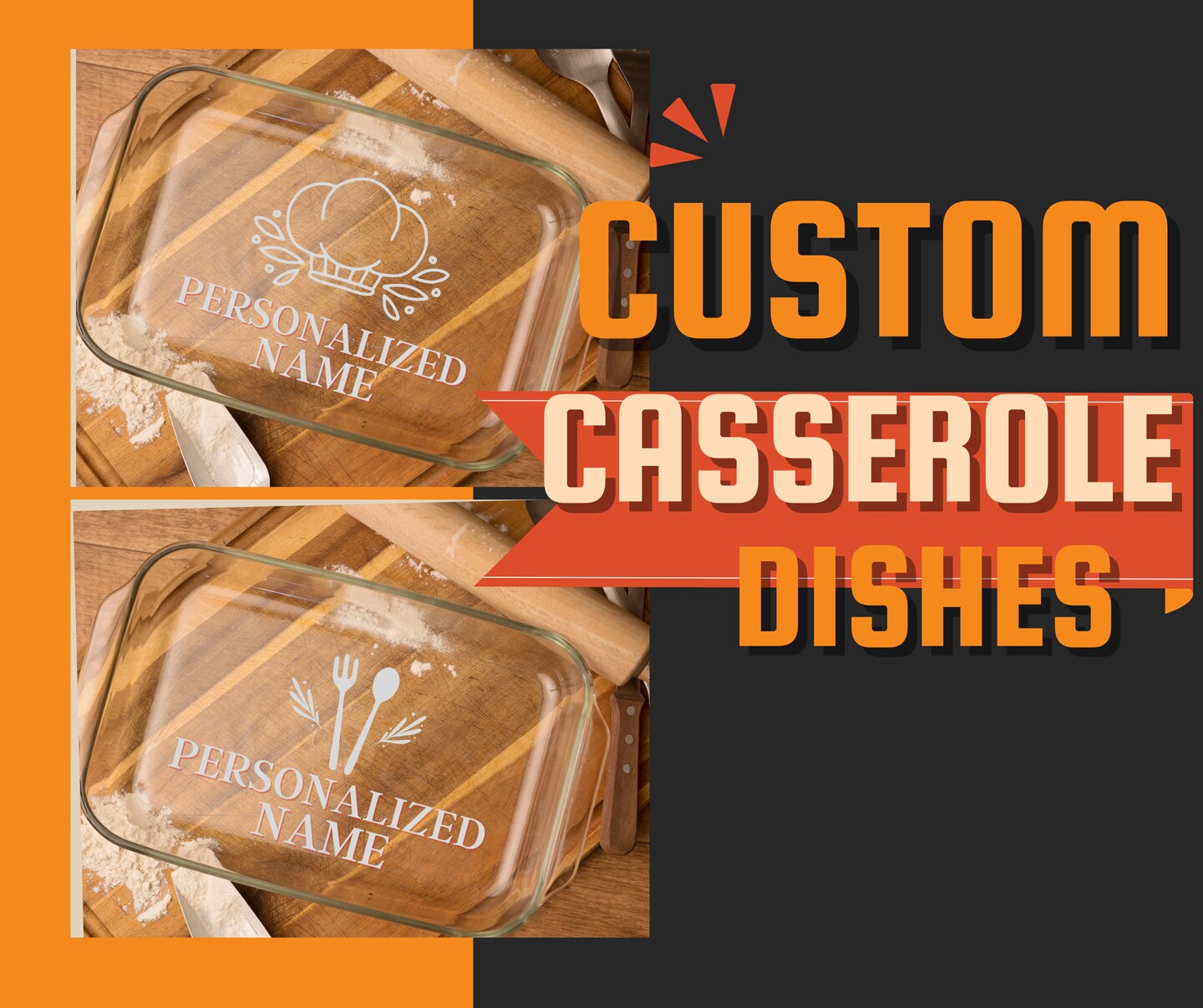 Casserole Baking Dish With Lid, Personalized Etched Glass