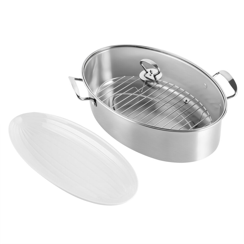 Multifunctional Roasting Pan Fish Steamer Non-toxic w/Lid & Rack Stainless Steel