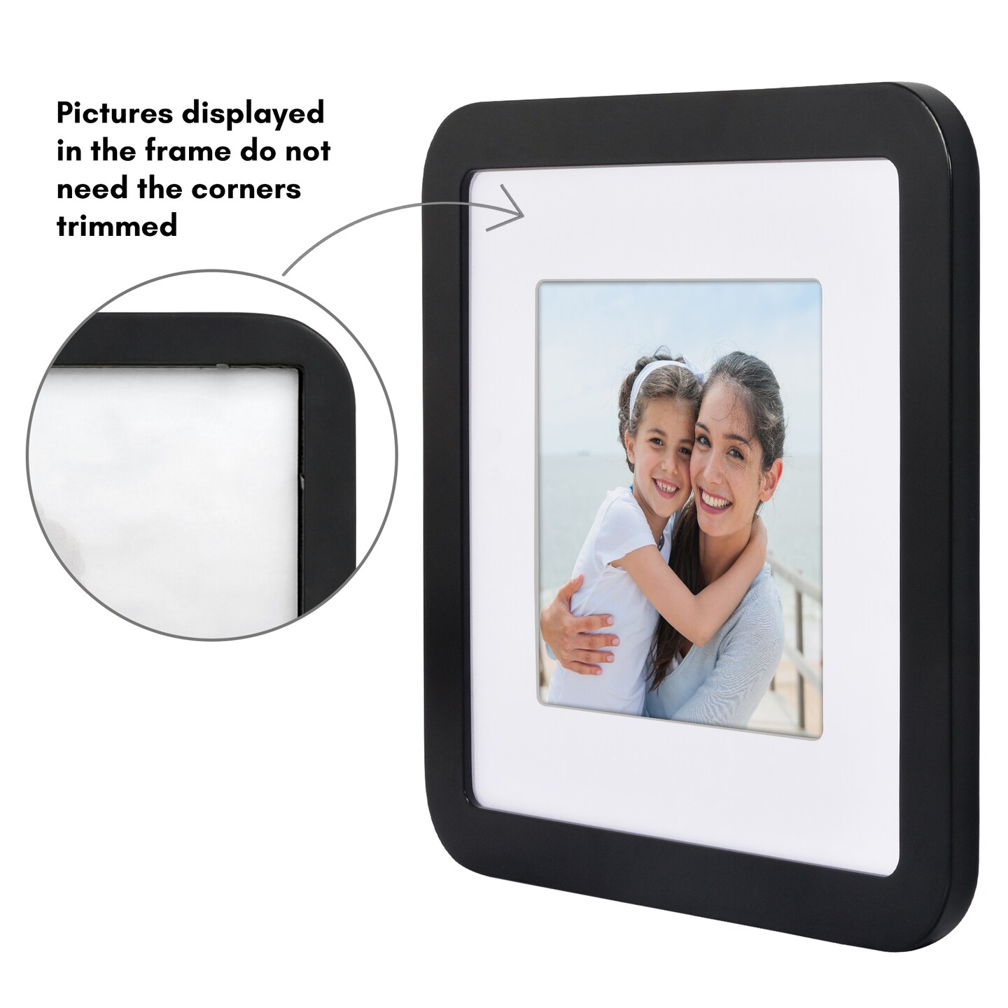 Americanflat Curved Corner Photo Frame with Mat - Picture Frame with Round Corners - Shatter Resistant Glass - Triangle Hanging Hardware - Includes Easel - Black